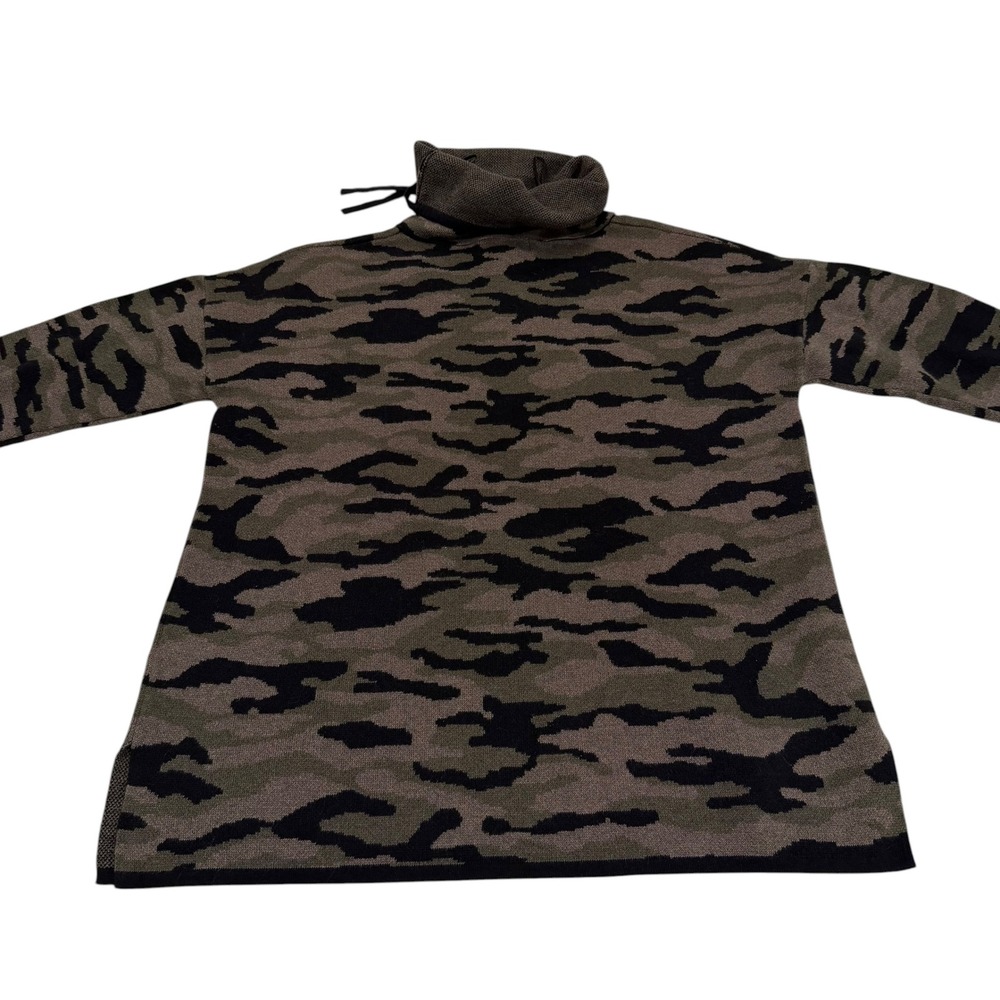 Rachel Zoe Womens Camo Knit Funnel Neck Drawstring Sweater Olive Black Medium - Picture 2 of 6